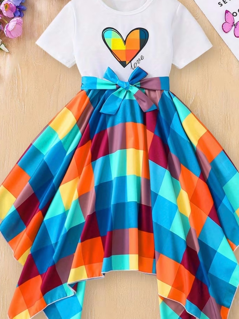 New Girls Rainbow Heart High-Low Dress with Colorful Patchwork Skirt